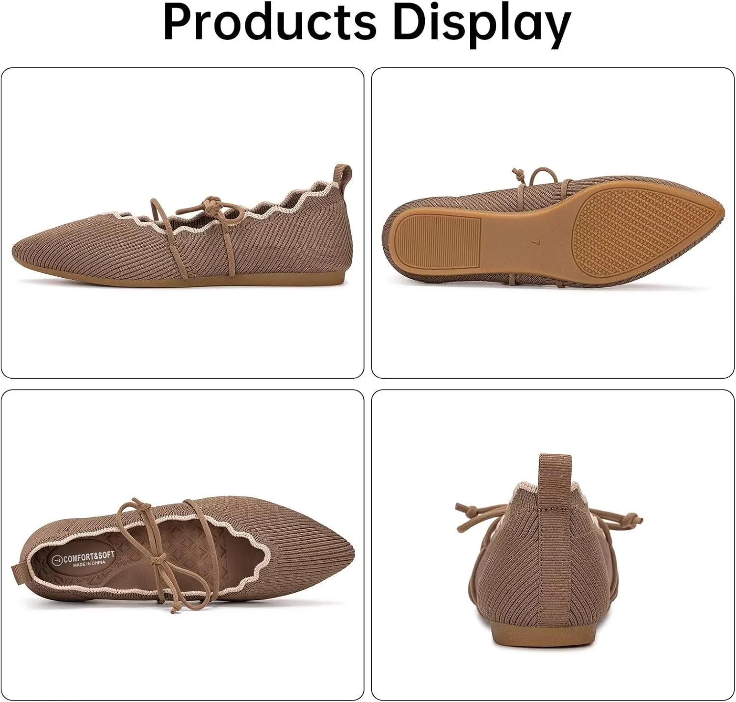 BEJINASH Women's Knitted Flats Pointed Toe Slip On Womens Shoes with Ruffled Vamp Elastic Rope Design for Casual Daily Ballets Shoes