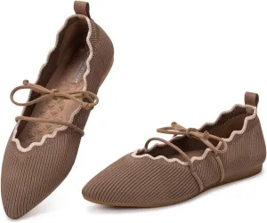 BEJINASH Women's Knitted Flats Pointed Toe Slip On Womens Shoes with Ruffled Vamp Elastic Rope Design for Casual Daily Ballets Shoes