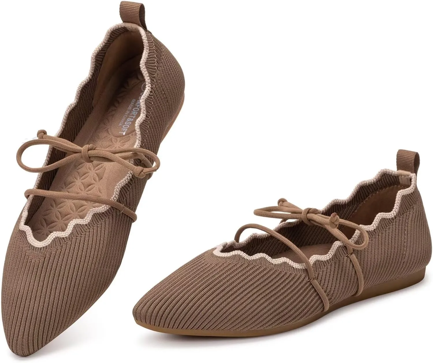 BEJINASH Women's Knitted Flats Pointed Toe Slip On Womens Shoes with Ruffled Vamp Elastic Rope Design for Casual Daily Ballets Shoes