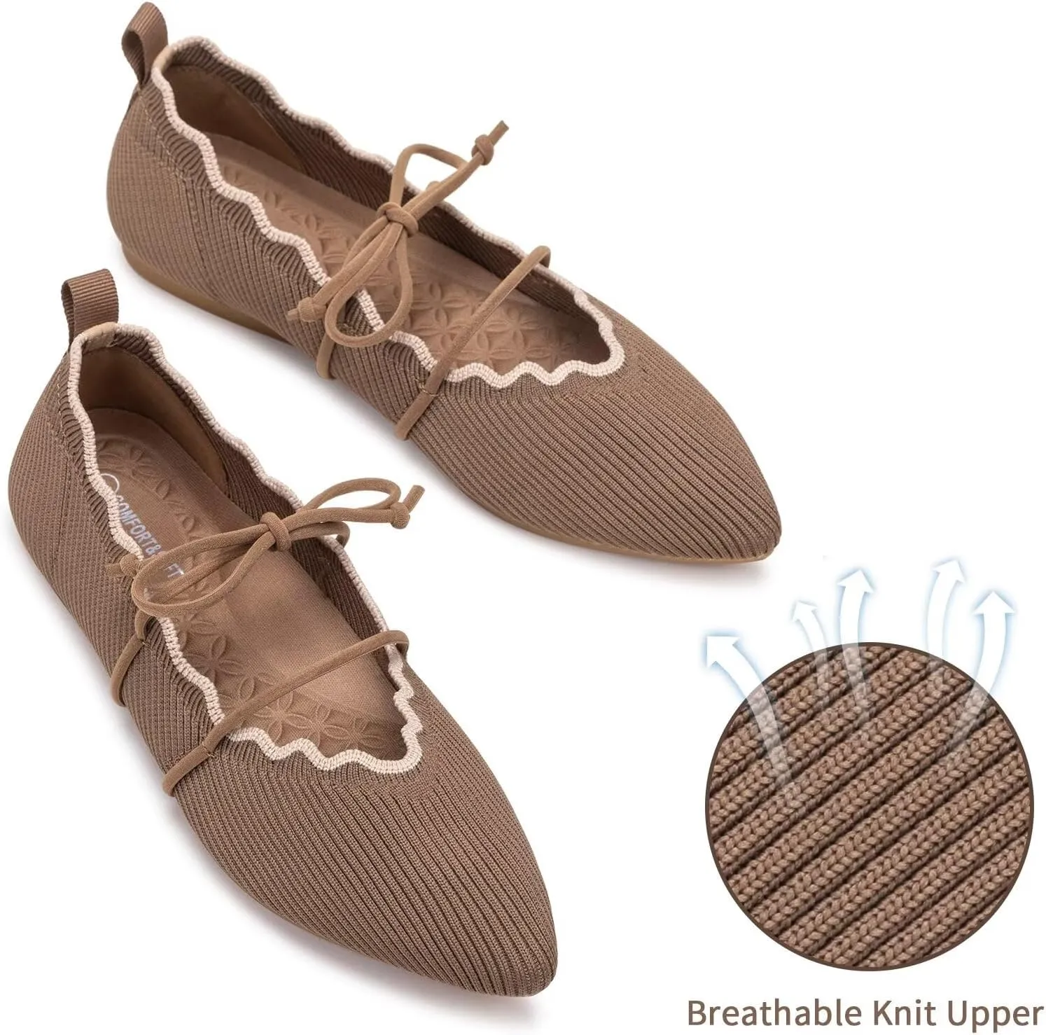 BEJINASH Women's Knitted Flats Pointed Toe Slip On Womens Shoes with Ruffled Vamp Elastic Rope Design for Casual Daily Ballets Shoes