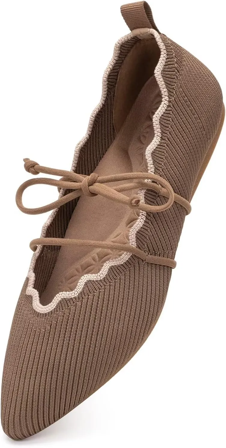 BEJINASH Women's Knitted Flats Pointed Toe Slip On Womens Shoes with Ruffled Vamp Elastic Rope Design for Casual Daily Ballets Shoes
