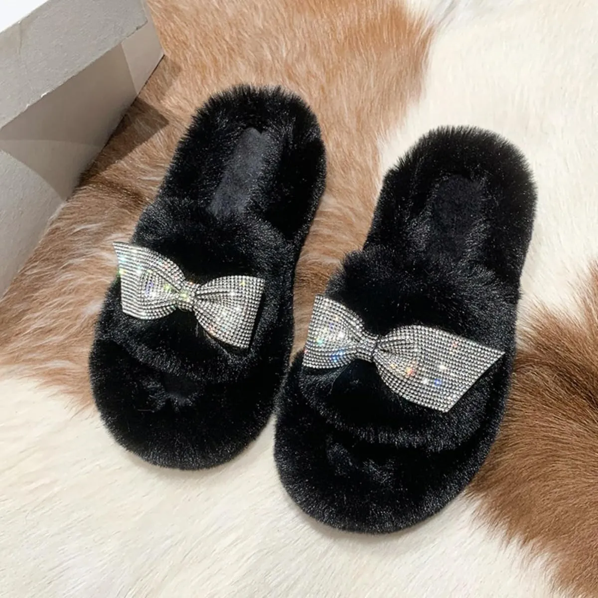 Bling Fluffy Open Toe Slippers with Bow Tie for Women Indoor Outdoor Cozy Plush House Shoes