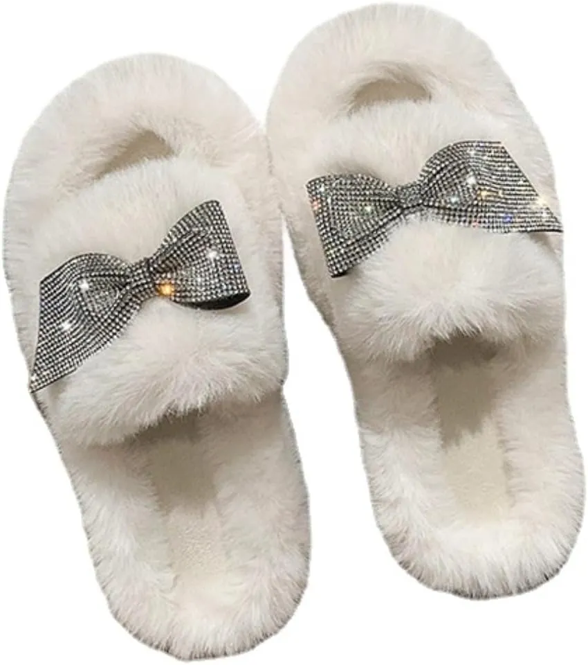 Bling Fluffy Open Toe Slippers with Bow Tie for Women Indoor Outdoor Cozy Plush House Shoes