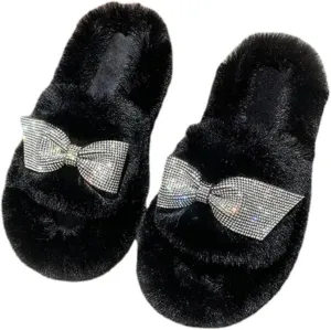 Bling Fluffy Open Toe Slippers with Bow Tie for Women Indoor Outdoor Cozy Plush House Shoes