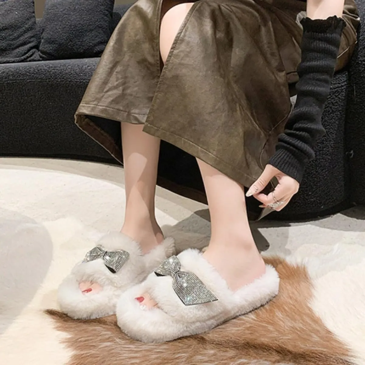 Bling Fluffy Open Toe Slippers with Bow Tie for Women Indoor Outdoor Cozy Plush House Shoes