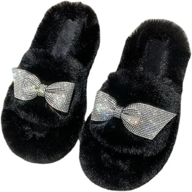 Bling Fluffy Open Toe Slippers with Bow Tie for Women Indoor Outdoor Cozy Plush House Shoes