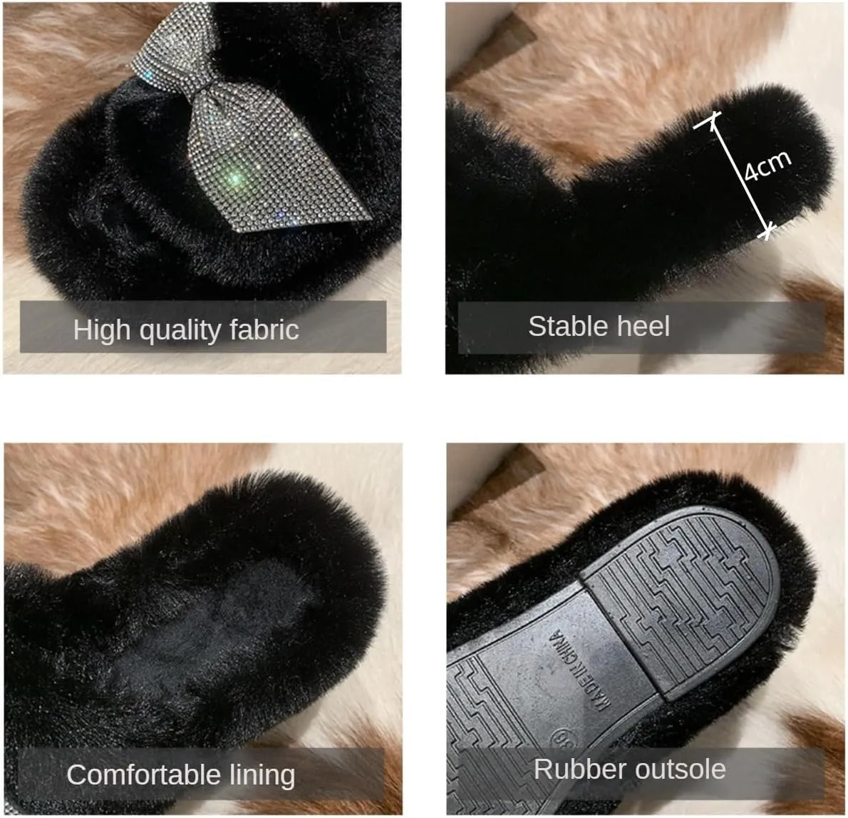 Bling Fluffy Open Toe Slippers with Bow Tie for Women Indoor Outdoor Cozy Plush House Shoes