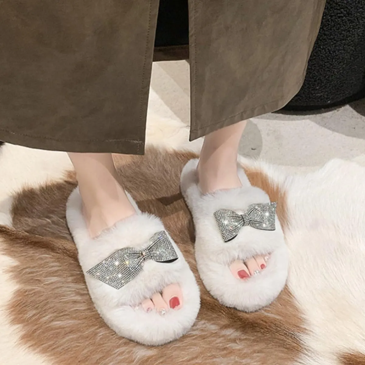 Bling Fluffy Open Toe Slippers with Bow Tie for Women Indoor Outdoor Cozy Plush House Shoes