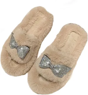 Bling Fluffy Open Toe Slippers with Bow Tie for Women Indoor Outdoor Cozy Plush House Shoes