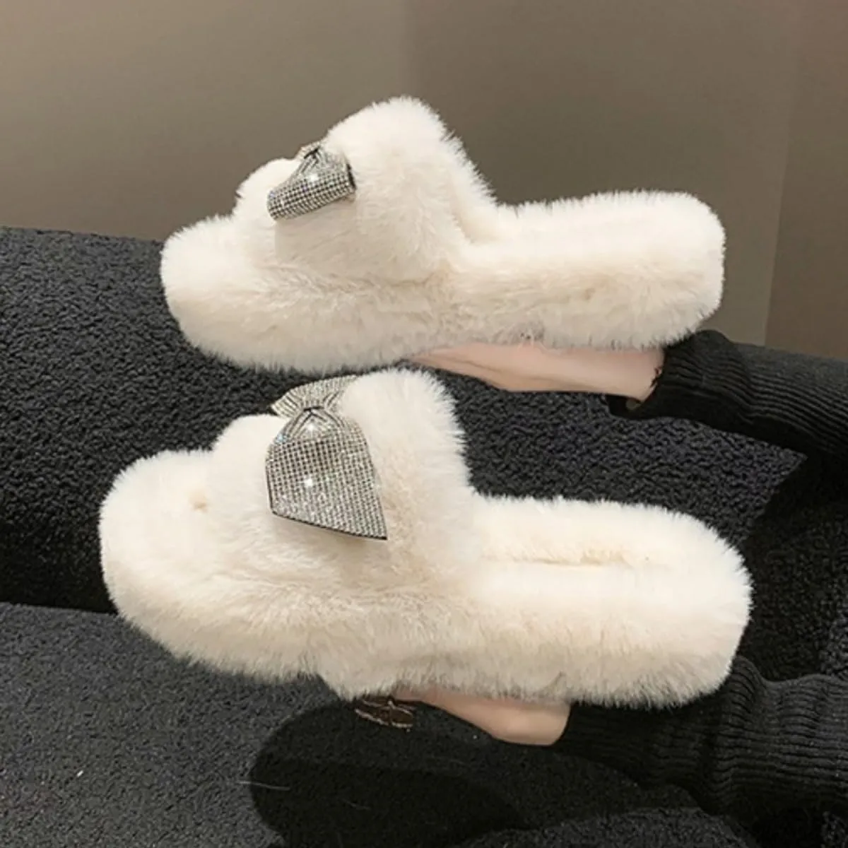Bling Fluffy Open Toe Slippers with Bow Tie for Women Indoor Outdoor Cozy Plush House Shoes