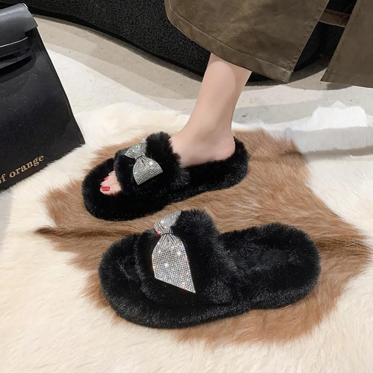 Bling Fluffy Open Toe Slippers with Bow Tie for Women Indoor Outdoor Cozy Plush House Shoes