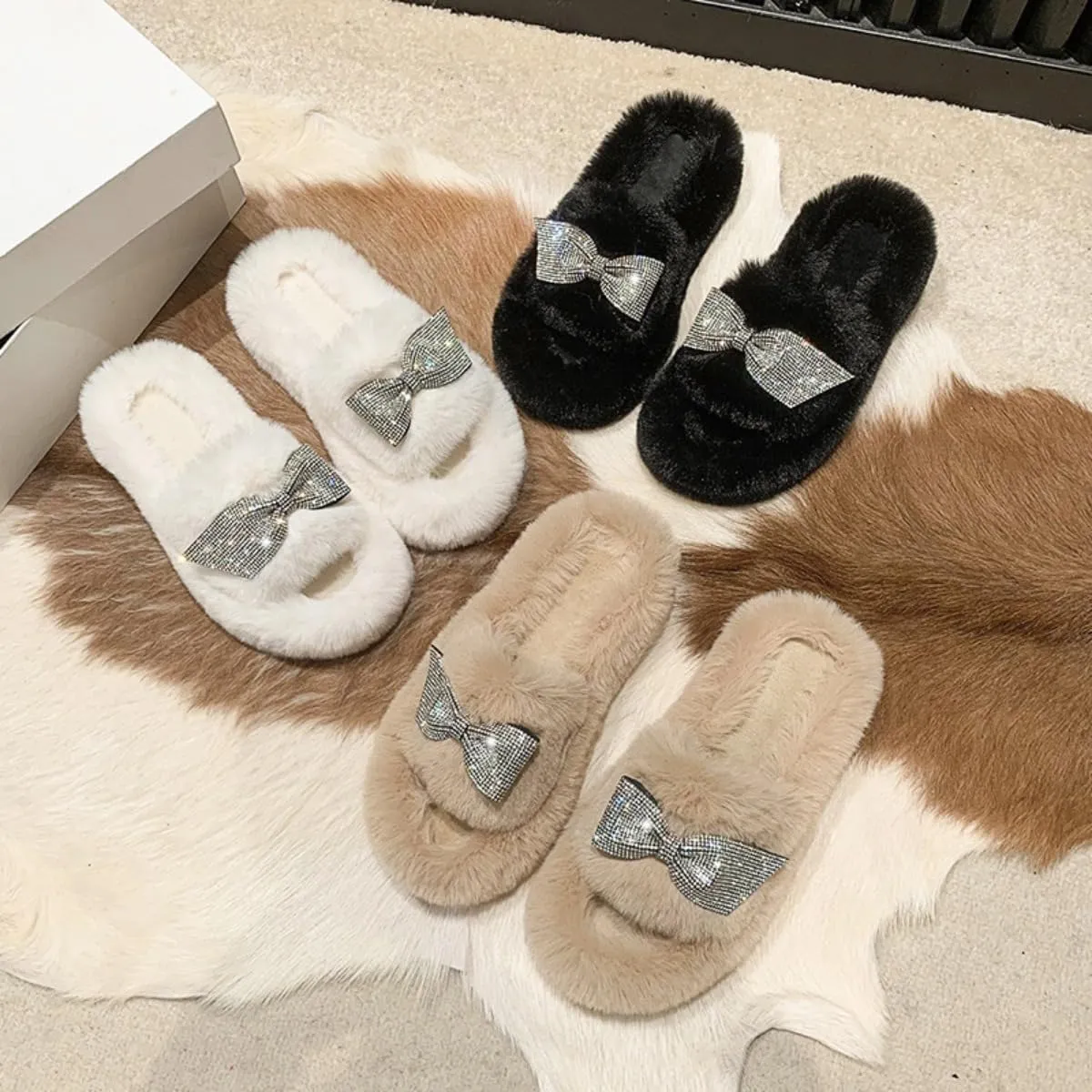 Bling Fluffy Open Toe Slippers with Bow Tie for Women Indoor Outdoor Cozy Plush House Shoes