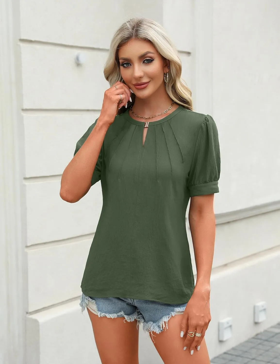 Blooming Jelly Womens Dressy Casual Tops Keyhole Business Work Blouses Pleated Puff Sleeve Summer Shirts