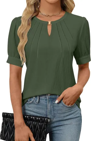 Blooming Jelly Womens Dressy Casual Tops Keyhole Business Work Blouses Pleated Puff Sleeve Summer Shirts