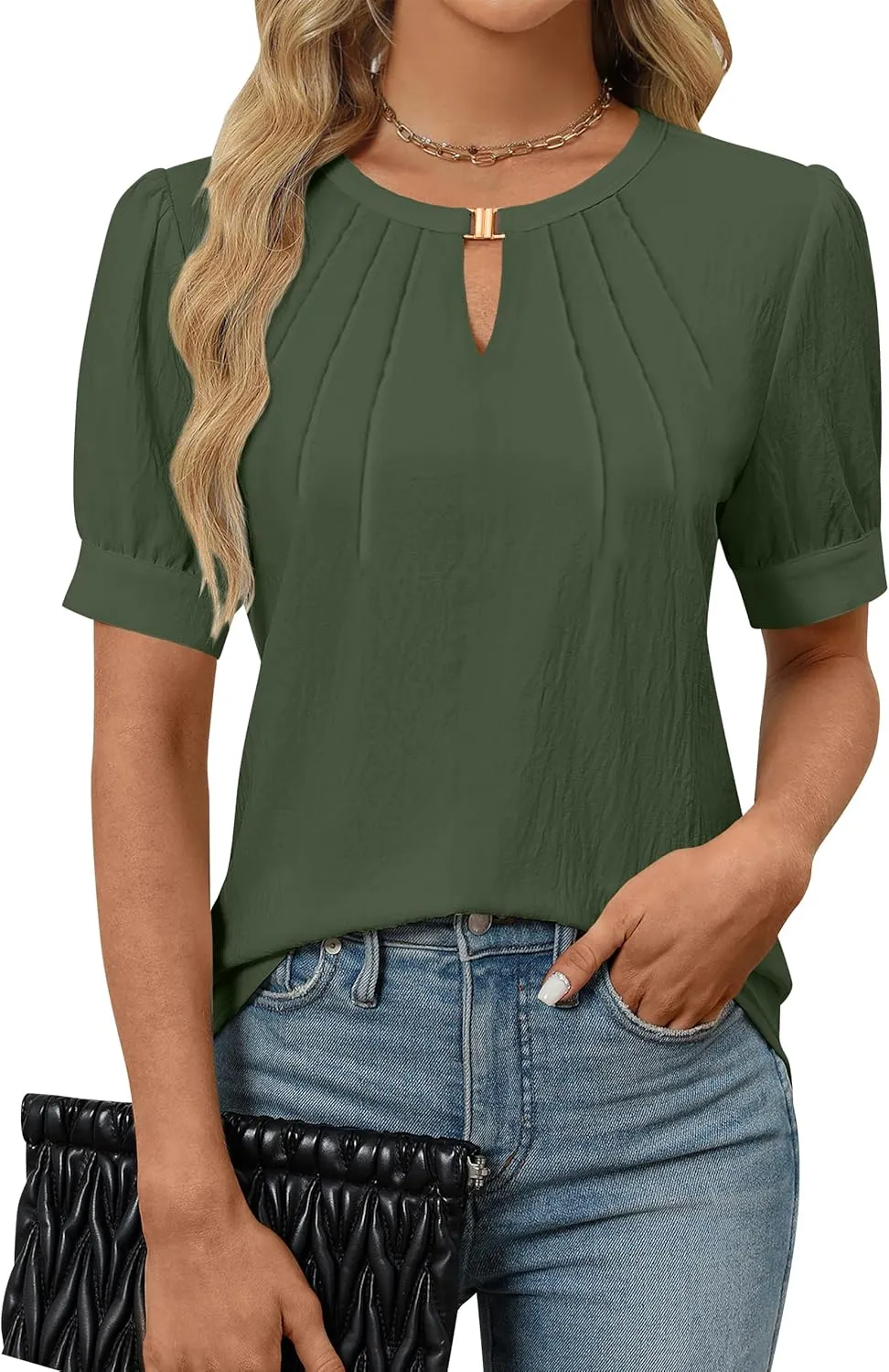 Blooming Jelly Womens Dressy Casual Tops Keyhole Business Work Blouses Pleated Puff Sleeve Summer Shirts