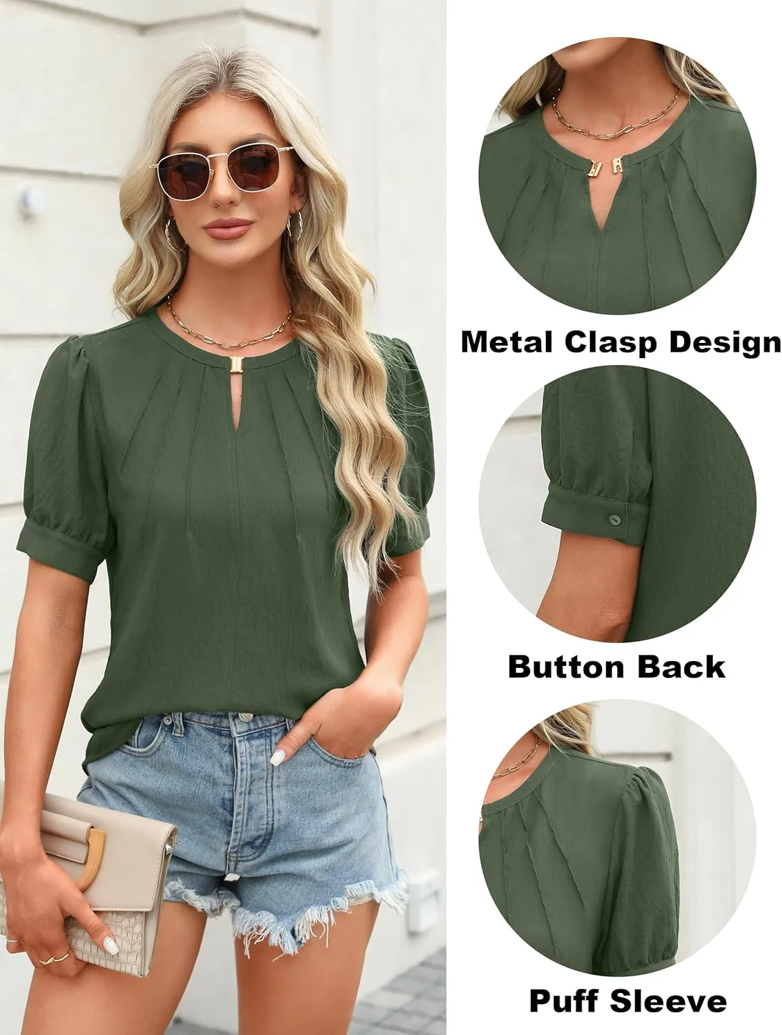 Blooming Jelly Womens Dressy Casual Tops Keyhole Business Work Blouses Pleated Puff Sleeve Summer Shirts