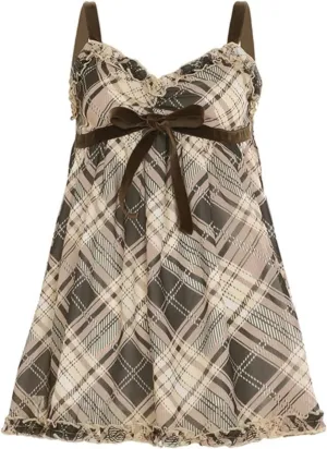 Bow Dress Plaid Dresses for Women Slip Dress Mini Dress Sexy Dress V Neck Dress Bodycon Party Dress Sleeveless Dress