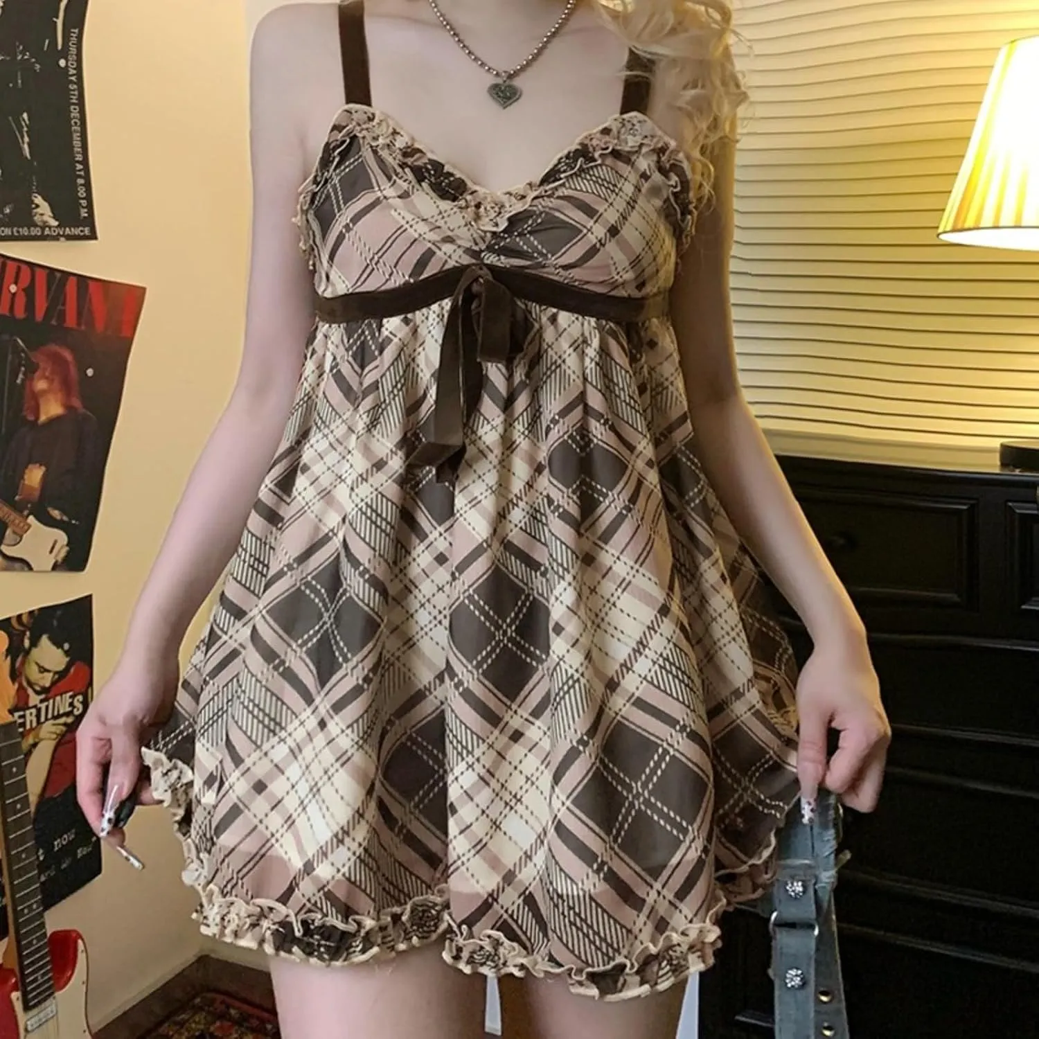 Bow Dress Plaid Dresses for Women Slip Dress Mini Dress Sexy Dress V Neck Dress Bodycon Party Dress Sleeveless Dress