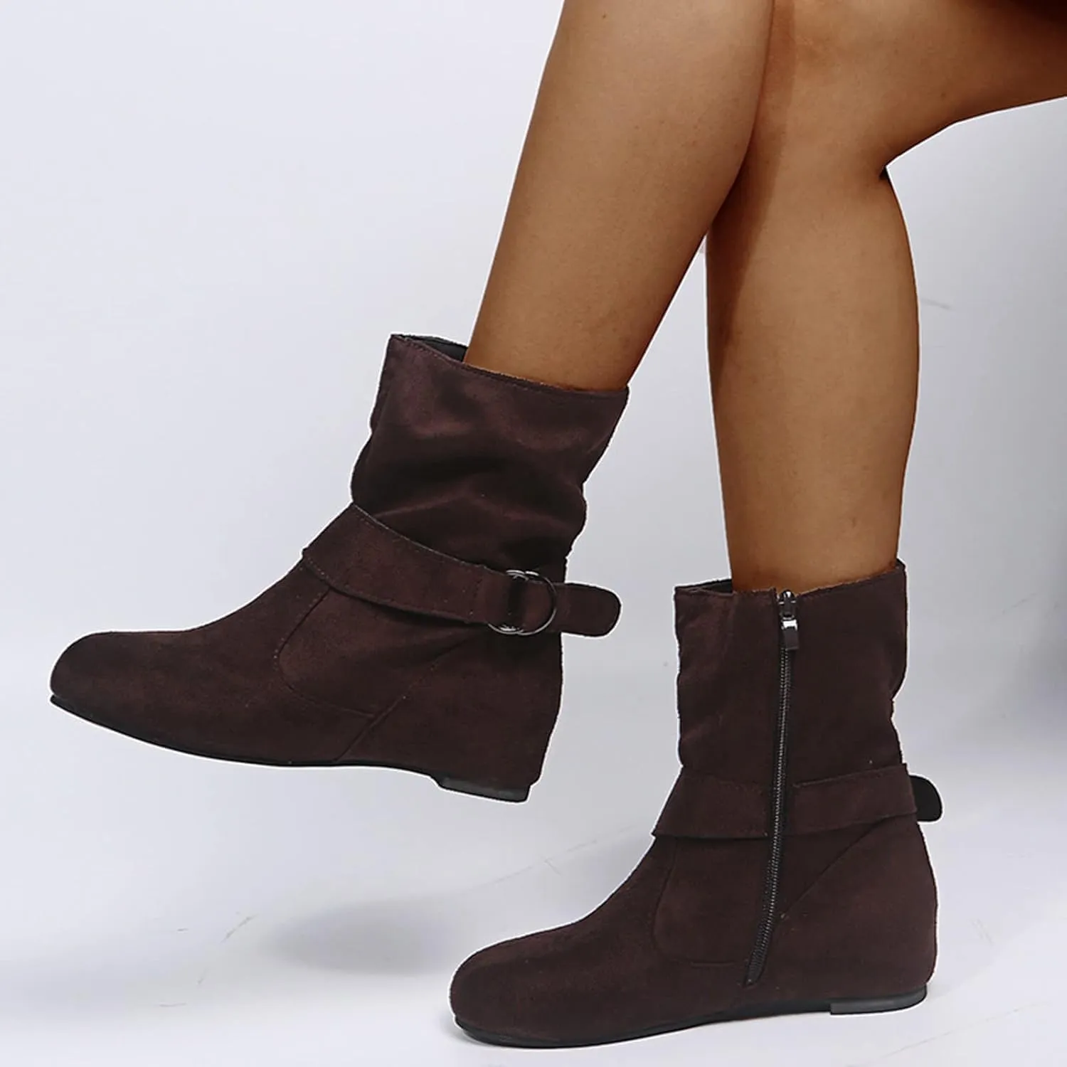 Brand Women's Casual Ankle Boots - Flat Fringe Mid Calf Low Heel Fashion Slouchy Suede Round Toe Slip On Zipper Booties for Winter Fall Dress Short Boots Comfort Outdoor Snow Boots