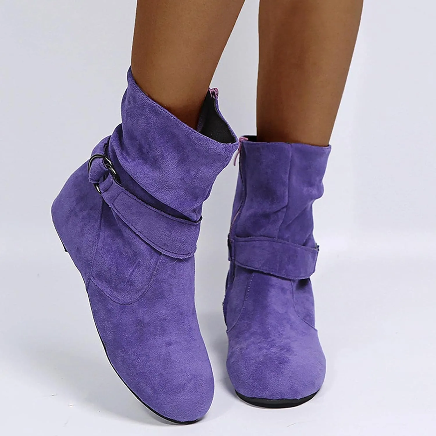 Brand Women's Casual Ankle Boots - Flat Fringe Mid Calf Low Heel Fashion Slouchy Suede Round Toe Slip On Zipper Booties for Winter Fall Dress Short Boots Comfort Outdoor Snow Boots