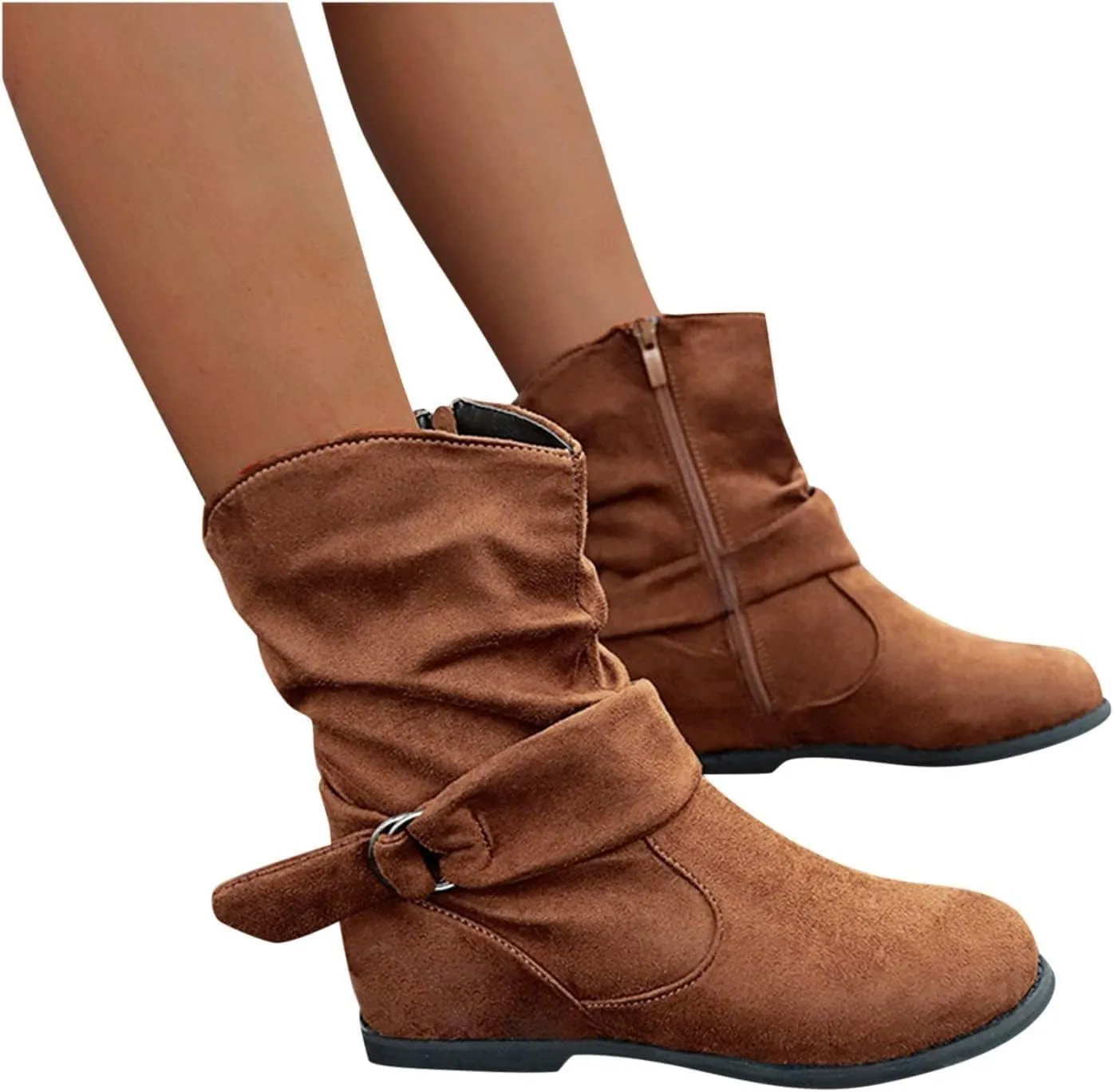Brand Women's Casual Ankle Boots - Flat Fringe Mid Calf Low Heel Fashion Slouchy Suede Round Toe Slip On Zipper Booties for Winter Fall Dress Short Boots Comfort Outdoor Snow Boots