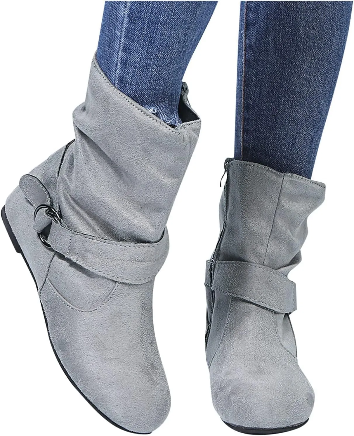 Brand Women's Casual Ankle Boots - Flat Fringe Mid Calf Low Heel Fashion Slouchy Suede Round Toe Slip On Zipper Booties for Winter Fall Dress Short Boots Comfort Outdoor Snow Boots