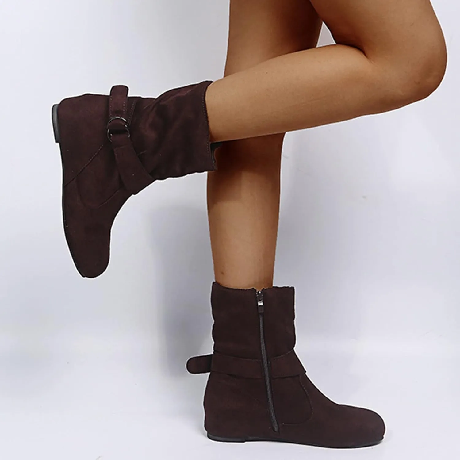 Brand Women's Casual Ankle Boots - Flat Fringe Mid Calf Low Heel Fashion Slouchy Suede Round Toe Slip On Zipper Booties for Winter Fall Dress Short Boots Comfort Outdoor Snow Boots