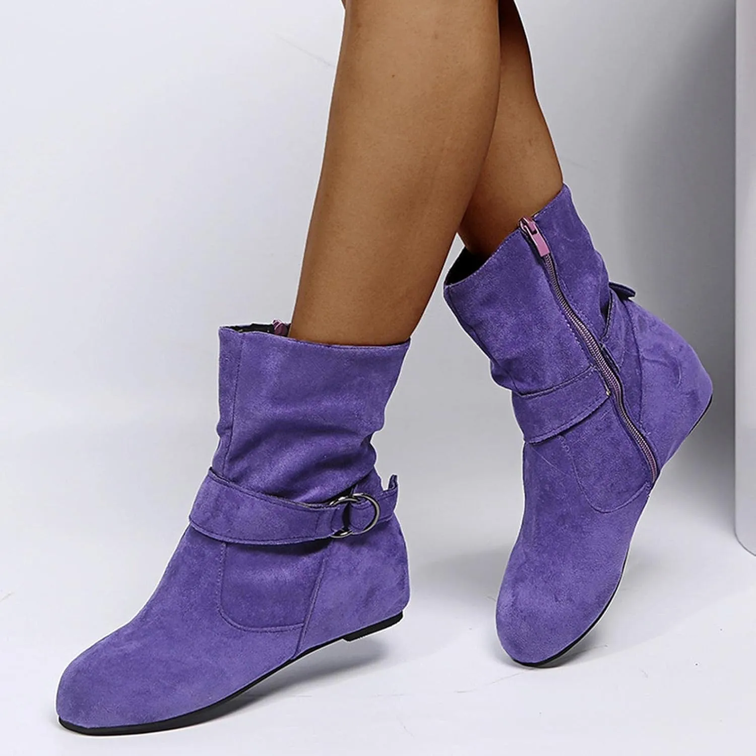 Brand Women's Casual Ankle Boots - Flat Fringe Mid Calf Low Heel Fashion Slouchy Suede Round Toe Slip On Zipper Booties for Winter Fall Dress Short Boots Comfort Outdoor Snow Boots