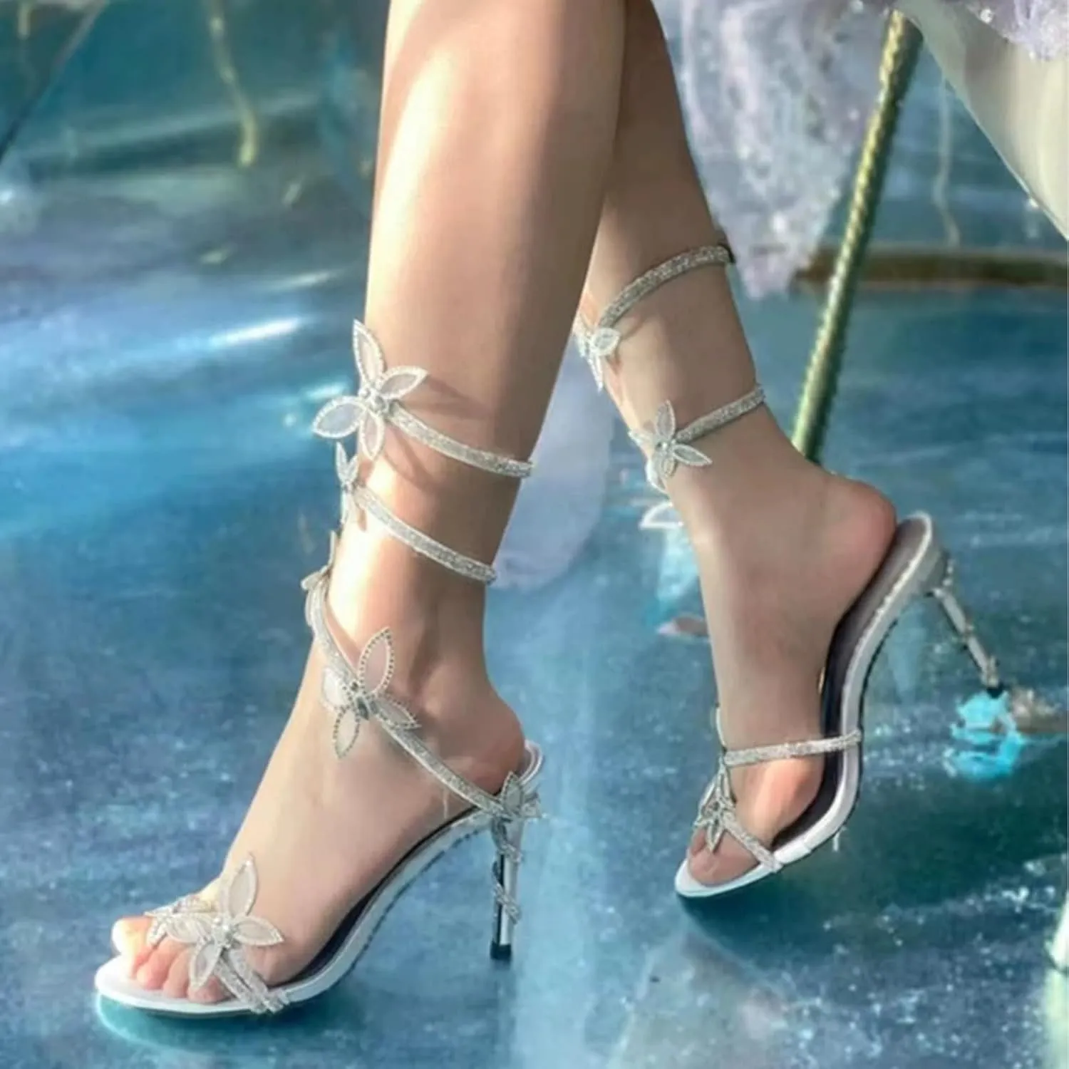 Butterfly Rhinestone Strappy Heels Sandals for Women Open Toe Wrap Around Strap Sparkly Stiletto Heels Party Shoes