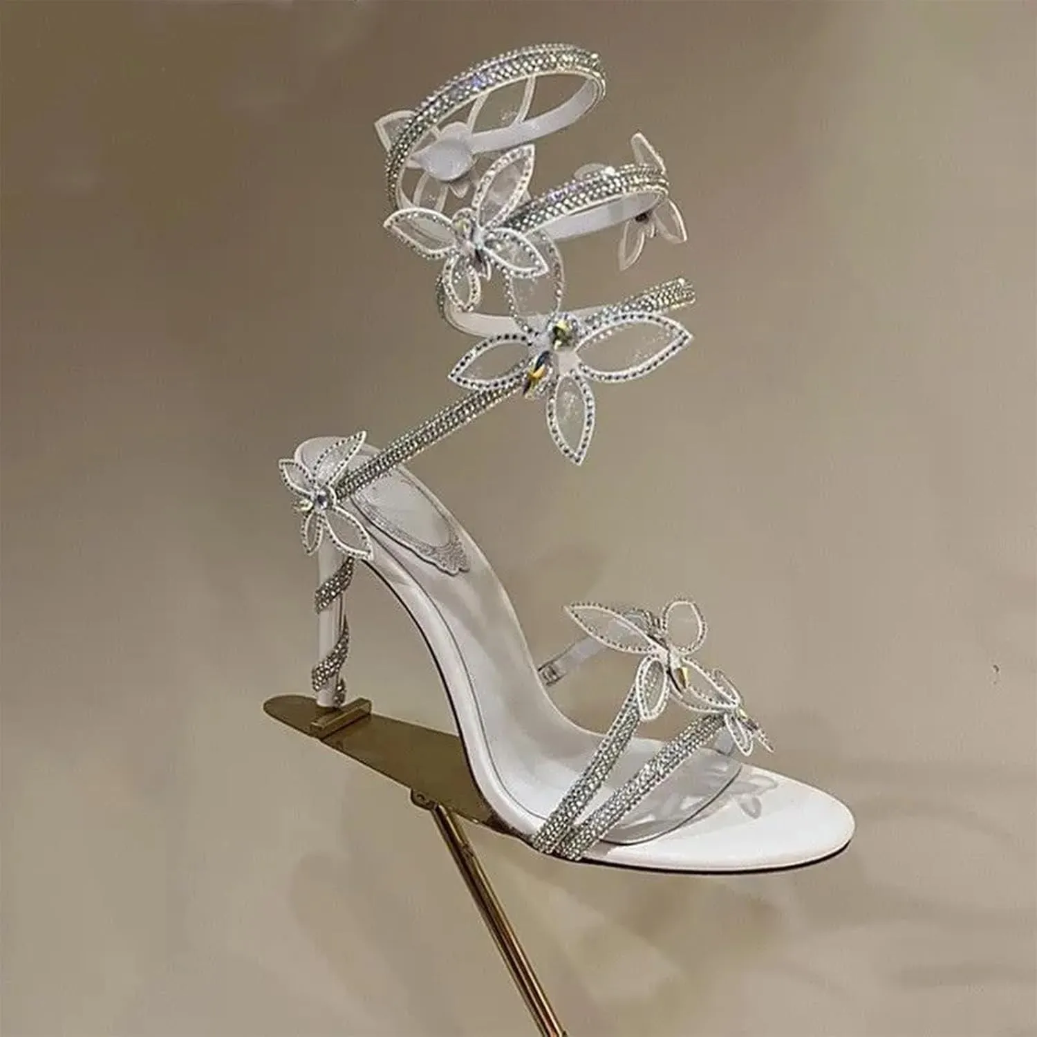 Butterfly Rhinestone Strappy Heels Sandals for Women Open Toe Wrap Around Strap Sparkly Stiletto Heels Party Shoes