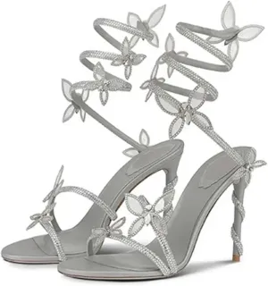 Butterfly Rhinestone Strappy Heels Sandals for Women Open Toe Wrap Around Strap Sparkly Stiletto Heels Party Shoes