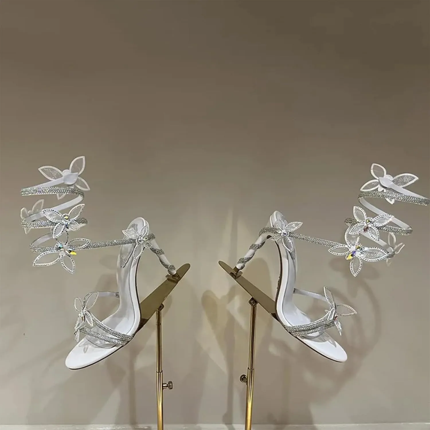 Butterfly Rhinestone Strappy Heels Sandals for Women Open Toe Wrap Around Strap Sparkly Stiletto Heels Party Shoes