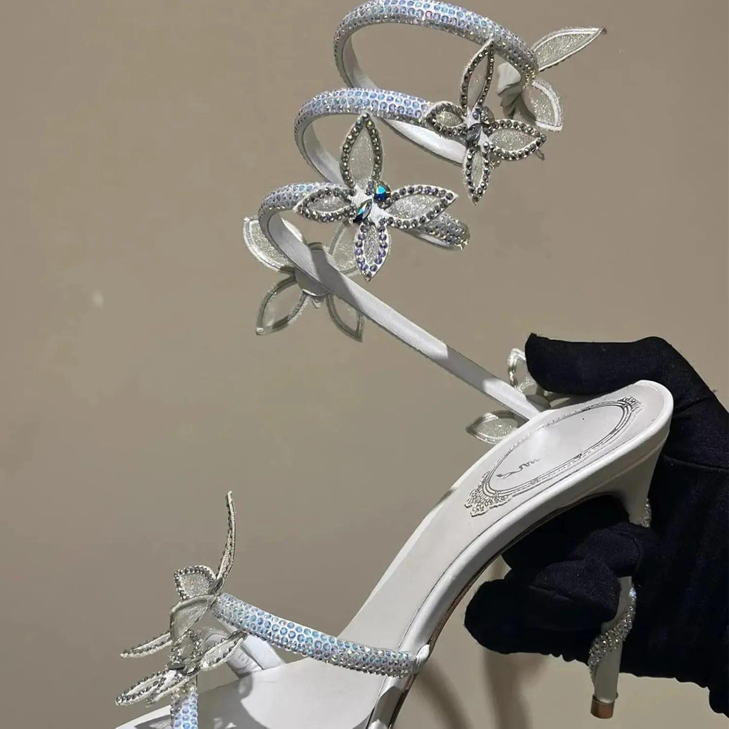Butterfly Rhinestone Strappy Heels Sandals for Women Open Toe Wrap Around Strap Sparkly Stiletto Heels Party Shoes