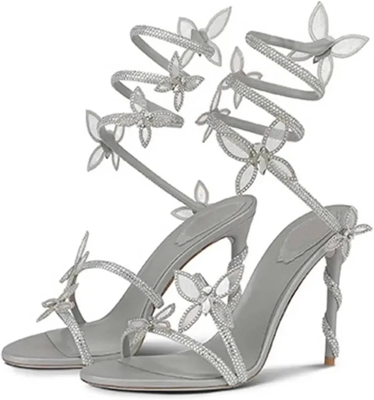 Butterfly Rhinestone Strappy Heels Sandals for Women Open Toe Wrap Around Strap Sparkly Stiletto Heels Party Shoes