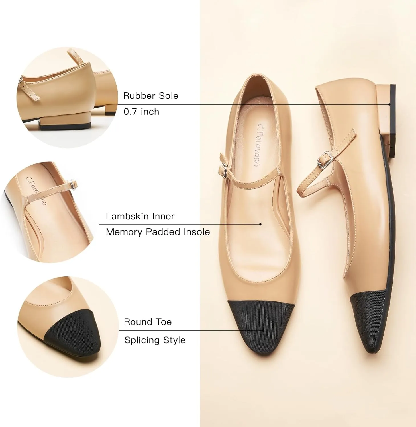 C. Paravano Women's Mary Jane Flats | Round Toe Leather Ballet Flats with Adjustable Strap, Dressy and Casual Shoes for Office,Travel,Bridal, Church,Business Meetings & Daily Wear