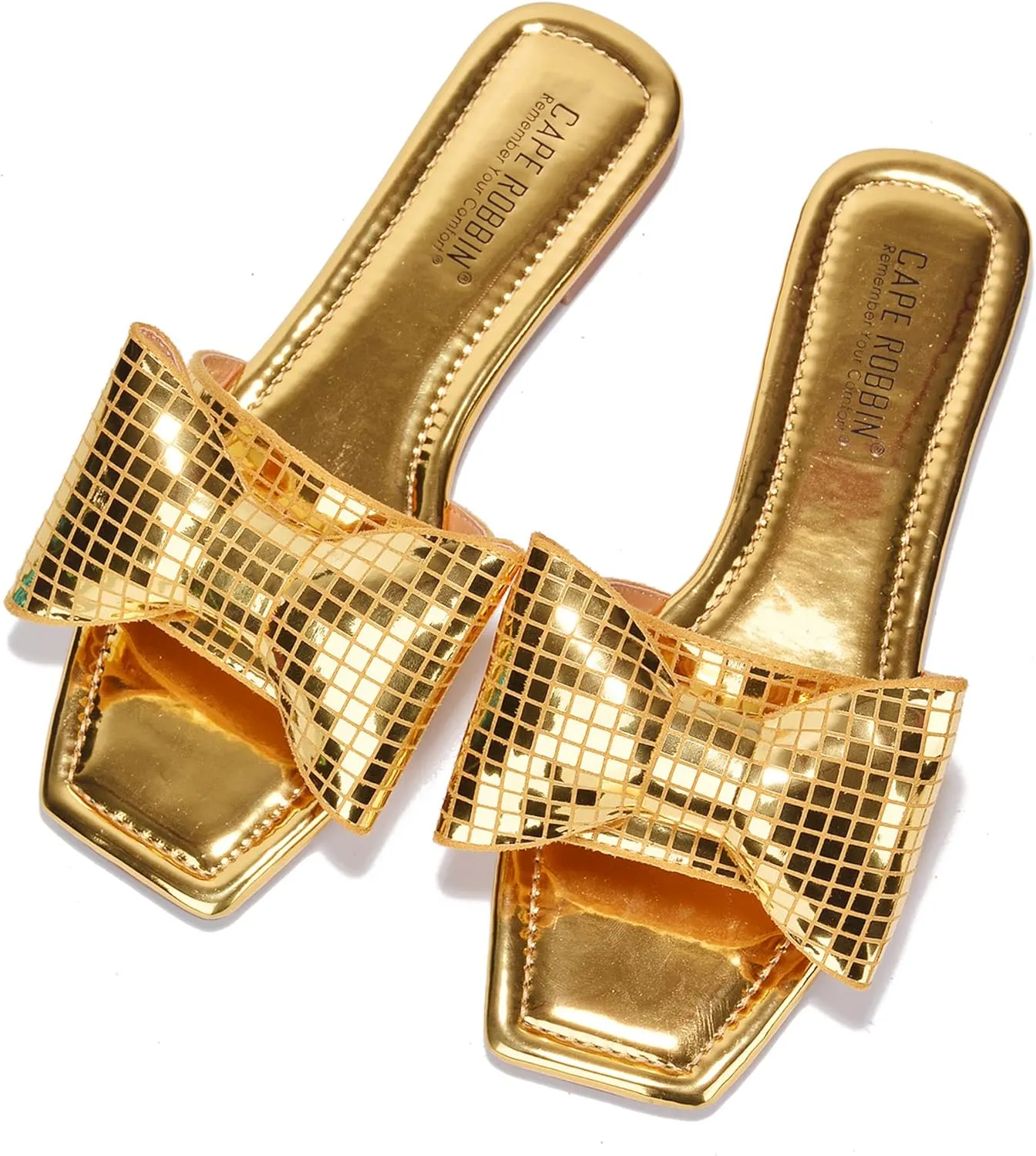 Cape Robbin Women's Slip-On Flat Sandals - Square Toe Disco Ball Metallic Design with Bow Tie - Summer Dressy Sandals (Botania)
