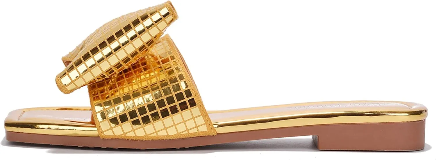 Cape Robbin Women's Slip-On Flat Sandals - Square Toe Disco Ball Metallic Design with Bow Tie - Summer Dressy Sandals (Botania)