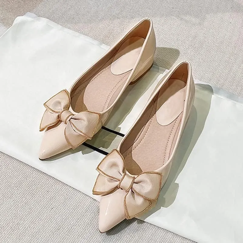 ChaiRong Zhou Women's Classy Bows Ballets Pointed Toe Satin Flat Shoes Slip On Comfortable Office Daily Shoes