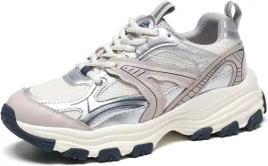 Chunky Sneakers for Women Lace Up Fashion Walking Shoes Platform Casual Running Shoes Silver Tennis Shoes