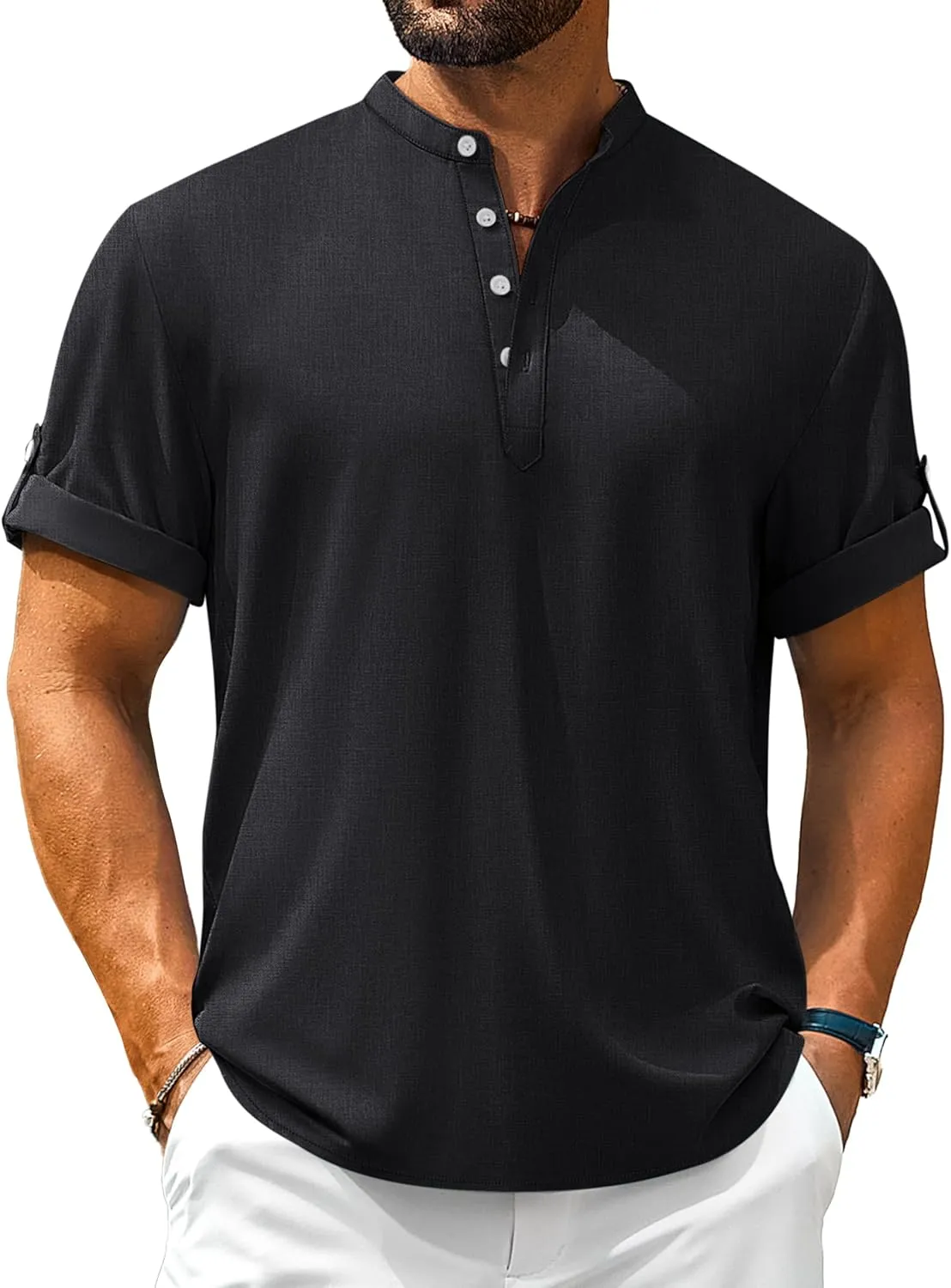 Cotrasen Mens Henley Short Sleeve Shirts Casual Hippie Summer Beach Tops Banded Collar Button Tshirts 2025