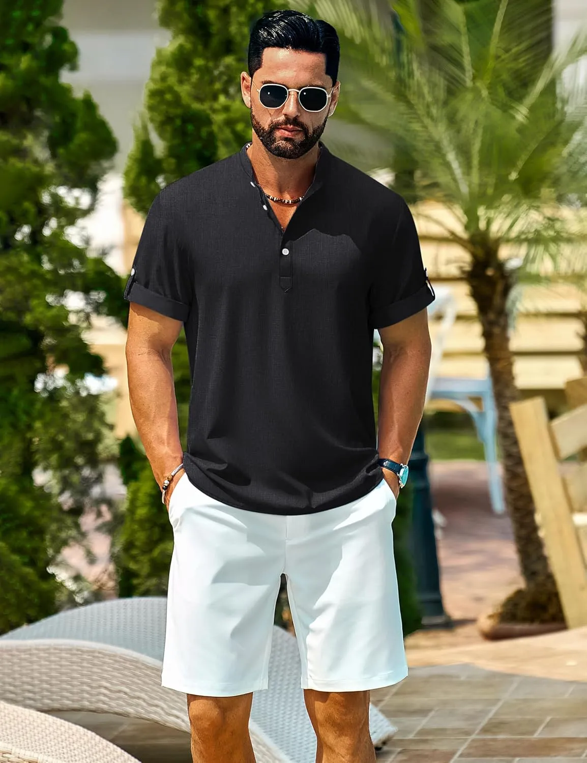 Cotrasen Mens Henley Short Sleeve Shirts Casual Hippie Summer Beach Tops Banded Collar Button Tshirts 2025