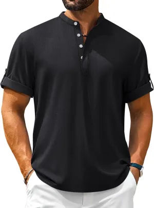 Cotrasen Mens Henley Short Sleeve Shirts Casual Hippie Summer Beach Tops Banded Collar Button Tshirts 2025
