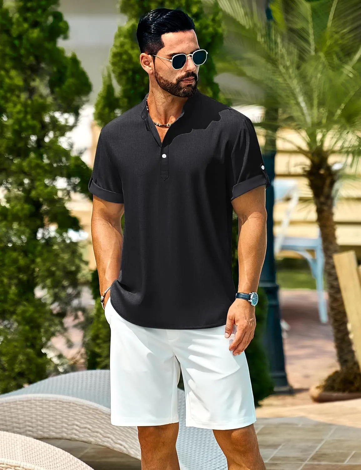 Cotrasen Mens Henley Short Sleeve Shirts Casual Hippie Summer Beach Tops Banded Collar Button Tshirts 2025