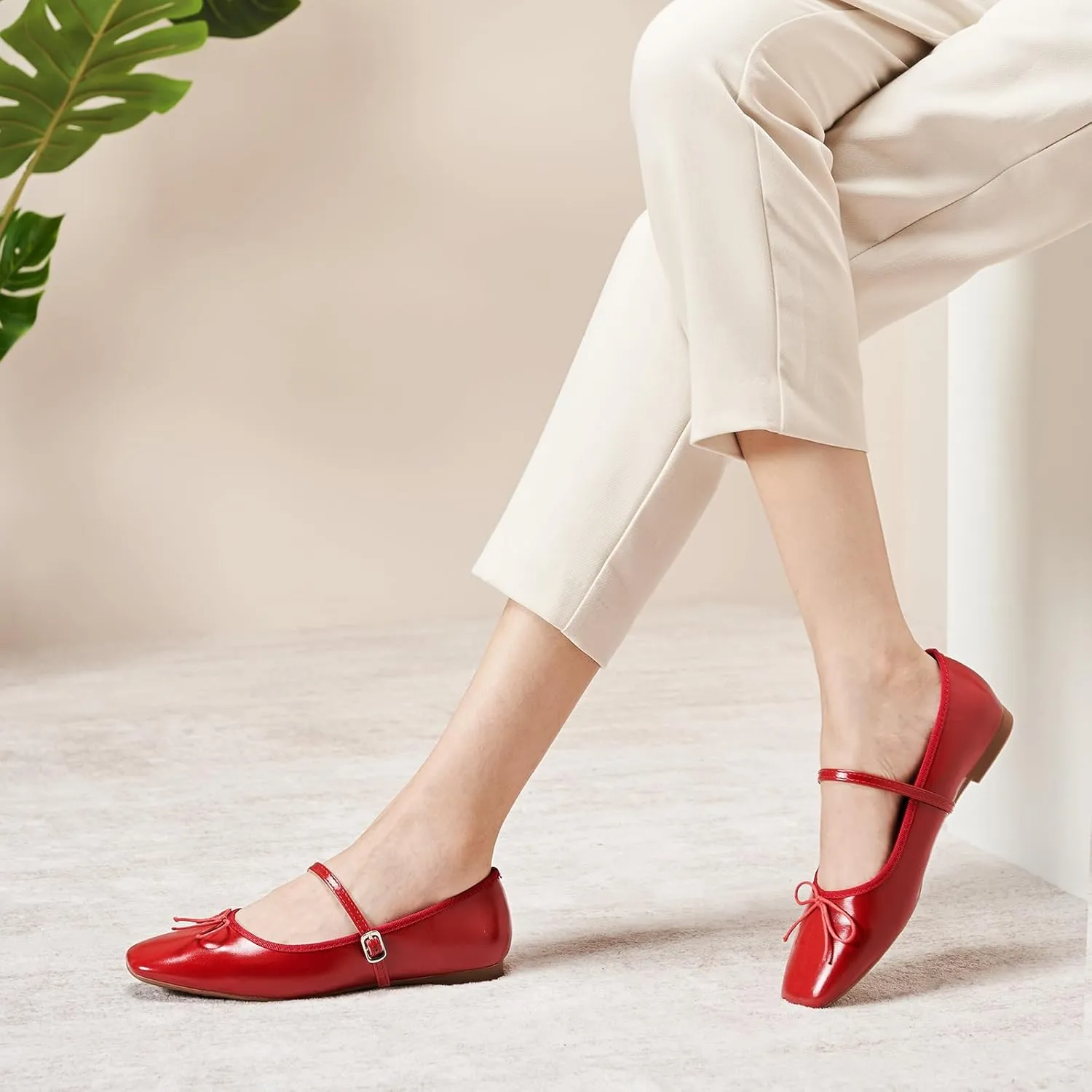 C.Paravano Mary Jane Shoes Ballet Flats for Women Square Toe Flats with Strap Bowknot Office Comfortable Casual Dressy Shoes