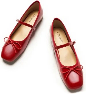 C.Paravano Mary Jane Shoes Ballet Flats for Women Square Toe Flats with Strap Bowknot Office Comfortable Casual Dressy Shoes