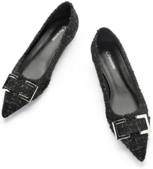 C.Paravano Pointed Toe Flats Women's Leather Ballet Flats with Square Metal Buckle for Work & Dressy Casual