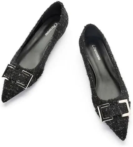 C.Paravano Pointed Toe Flats Women's Leather Ballet Flats with Square Metal Buckle for Work & Dressy Casual