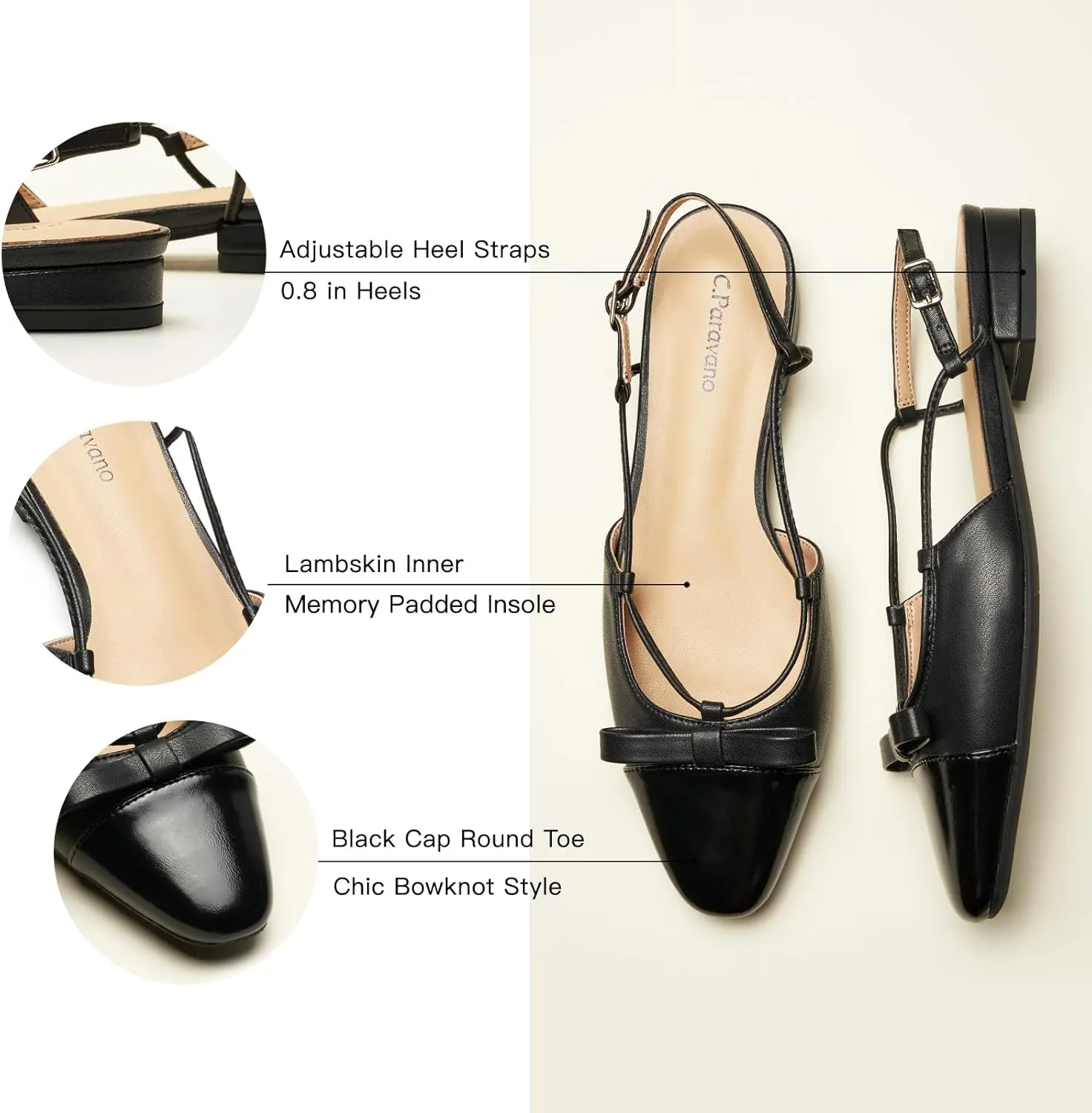 C.Paravano Women's Almond Toe Slingback Flats with Cap, Stylish Comfort Flats for Casual, Dressy, Office Wear