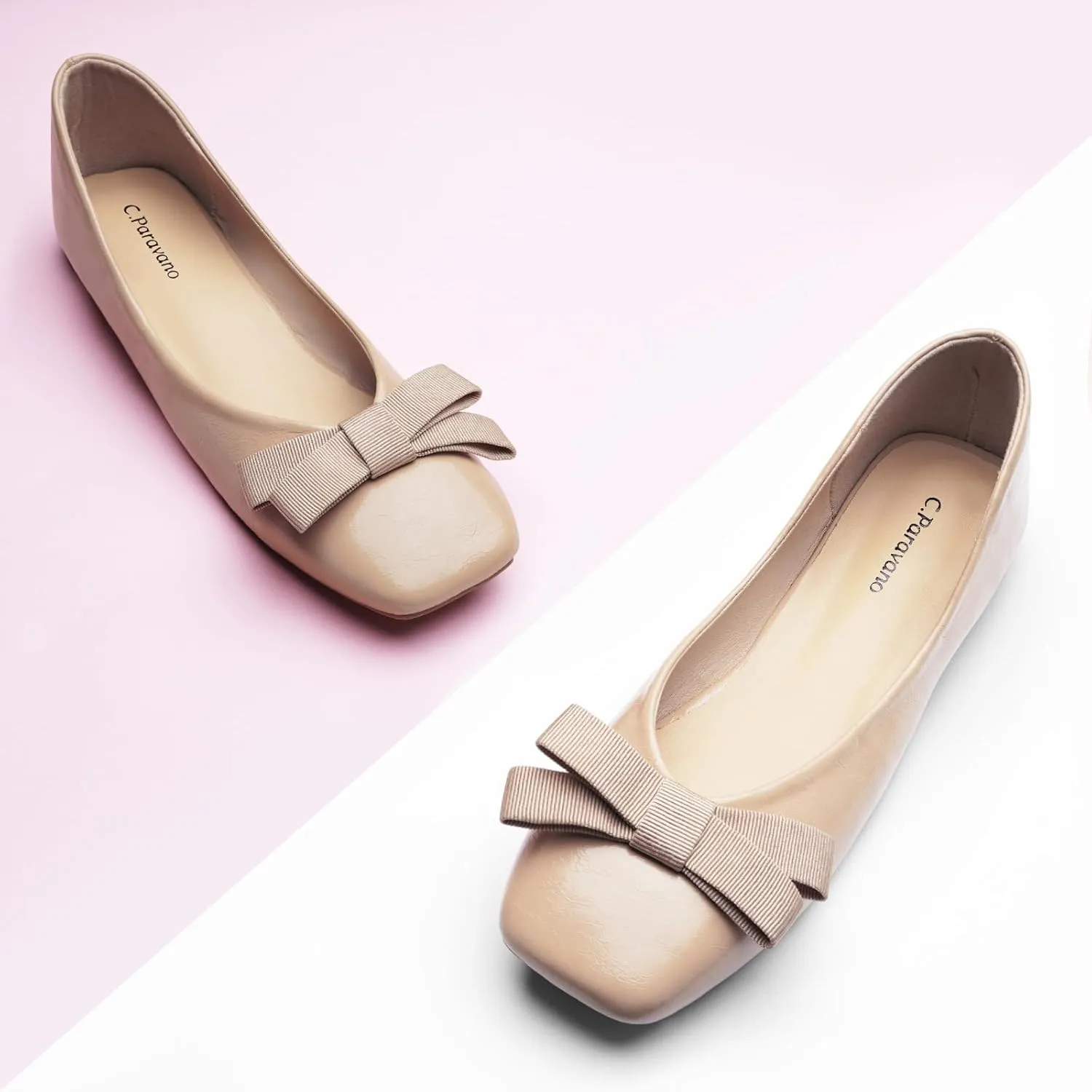 C.Paravano Women's Flats with Bowknot | Comfortable Square Toe Ballet Flats | Casual Slip On Flat Shoes | Women Dress Shoes for Walking Wedding Work Office