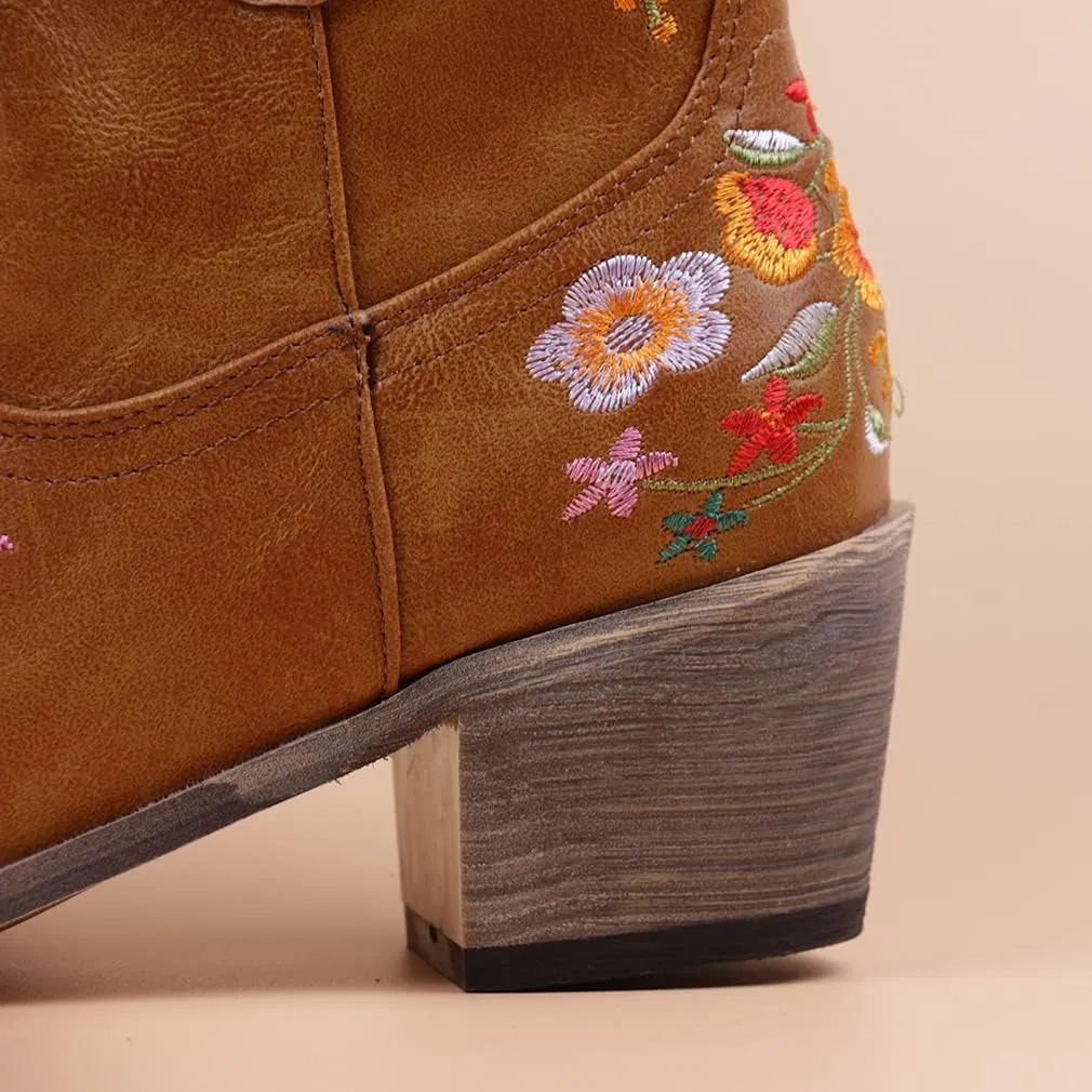 CRYSIGNE Women Flower Embroidered Ankle Cowgirl Boots Square Toe Western Boots Chunky Heel Pull On Short Boots